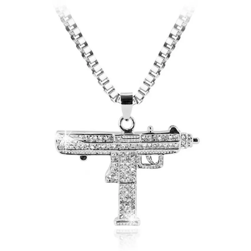 Inventory Punk Gold Plated Stainless Steel CZ Diamond Chain Pendant Gun Necklace