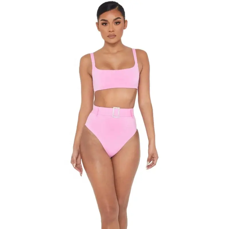Factory supply European and American pink ladies swimsuit sexy double shoulder bikini
