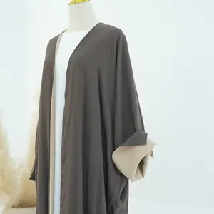 Pakaian Islami baru 2024 gaun wanita kardigan reversibel Linen Ramadan gaun Muslim wanita Abaya terbuka