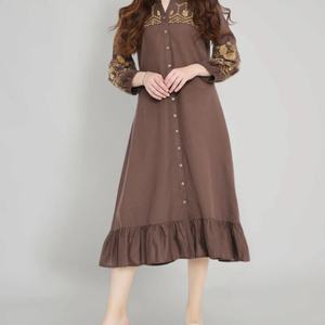 Vestido de Lino y Algodón Personalizable, Elegante, Cuello Redondo, Casual, Corte en A, Manga Larga, Abotonado, Midi, Verano, para Mujer - Product Image 3