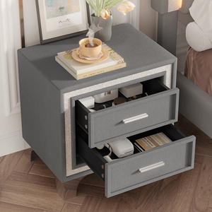 Mid Century Vintage Nightstand With Silver Glitter Strip Metal Legs Velvet <b>Bedside</b> Table 2 Drawers <b>Storage</b> Drawer - Product Image 1