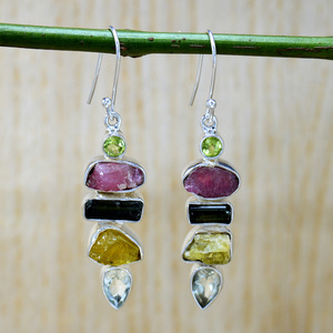 925 Sterling Silver Pink Tourmaline Black Onyx & Citrine Multi-Gemstone Dangle Drop Earrings Fine Jewelry Rough <b>Stone</b> Earrings - Product Image 1