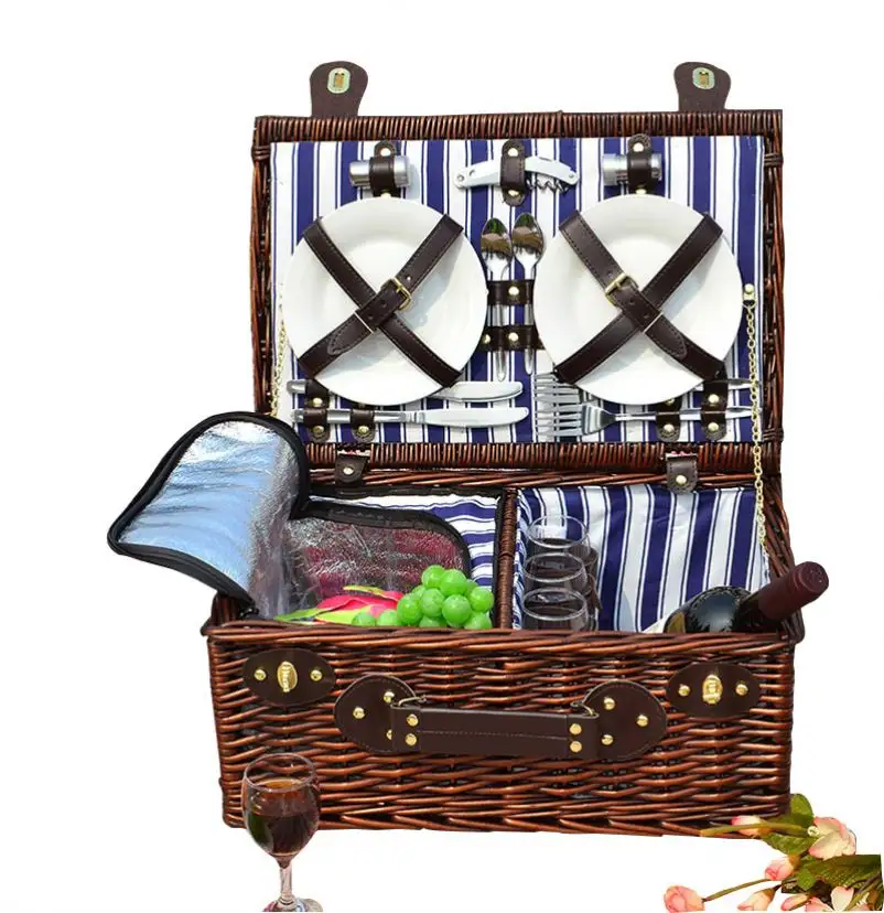 Hasır taşınabilir şarap İç serin öğle yemeği ucuz piknik sepeti ile çatal bıçak takımı