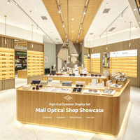 Meubles de présentation pour magasin d'optique haut de gamme, comptoir de présentation incurvé en bois pour lunettes, vitrine murale pour lunettes de soleil avec éclairage LED ambiant