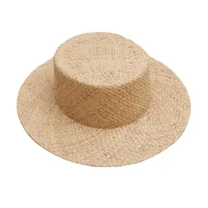 Women Men Luxury Hand Made Adjustable String Inside Flat Top Raffia Straw Boater Hat