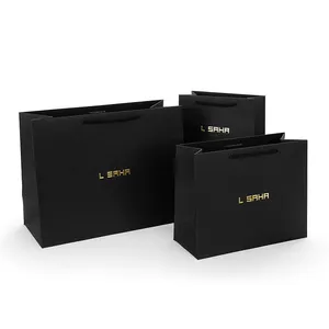 Promotion avec logo de marque personnalisé imprimé Sac à provisions de luxe en papier noir pour bijoux avec poignée Cadeau au détail Shopping