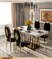 Table à manger rectangulaire moderne de luxe en marbre blanc avec base en acier inoxydable doré, meubles de salle à manger pour la maison, Minis MN-DT108