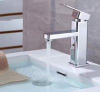Robinet de lavabo cascade carré moderne chromé sans contact à poignée unique, avec cartouche céramique, finition brossée, direct usine