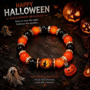ハロウィンステンレススチール金メッキ紫オレンジビーズ付きお化け屋敷チャームブレスレットラインストーンスペーサーパンプキンバットビーズ - Product Image 6