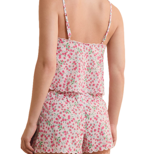 Conjunto de Pijama de Dos Piezas para Mujer, Estampado Floral Rosa, Cuello en V, Cintura Elástica, Transpirable, Cómodo y Casual para Verano - Product Image 3