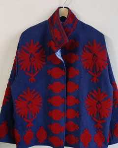 Vintage Blue <b>Velvet</b> Cotton Suzani Bomber Jacket Handmade Bohemian Winter <b>Coat</b> Regular Ethnic Outerwear Animal Print Button - Product Image 1