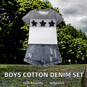 Nouvel ensemble décontracté en jean imprimé en coton pour garçons, manches courtes, avec déchirures, en stock - Product Image 2