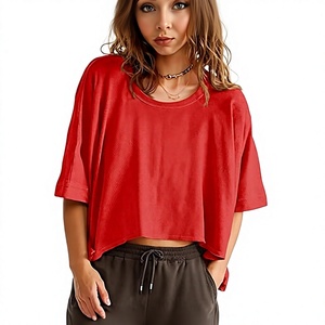 Oversized <b>Cropped</b> T-Shirt Women Solid Color Batwing Sleeve O-Neck Loose Fit Plus Size Casual <b>Top</b> <b>Red</b> - Product Image 1