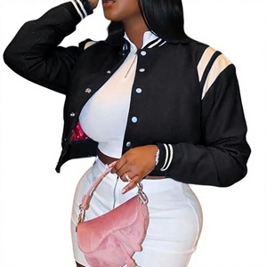 Women's Black <b>White</b> Varsity <b>Jacket</b> Full Sleeve Button Up Collar Short Crop Style Solid Color Contrast Design Women's <b>Jackets</b> - Product Image 6