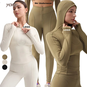 Haute qualité femmes <span class=keywords><strong>Ski</strong></span> costume Yoga porter des vêtements de sport entraînement côtelé demi fermeture éclair Legging épissage à capuche veste Gym Fitness ensembles - Product Image 1