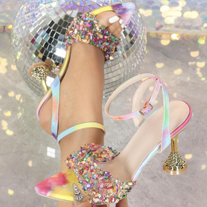 Sandales colorées à bout pointu avec pierres colorées, chaussures à talons chaton brillants ornées de diamants, escarpins à bride arrière pour femmes - Product Image 2