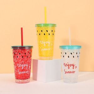 Trendy 450ml Red Yellow Clear Three Shades Watermelon Design Double Wall <b>Plastic</b> Straw Cup with Green Rim Lid for Kawaii Girls - Product Image 5