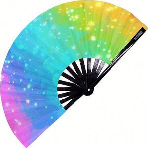Wholesale <b>Large</b> Bamboo Folding Hand <b>Fan</b> Custom Printed Logo Durable Fabric Loud Clack Carved Portable for Festival Rave Use - Product Image 2