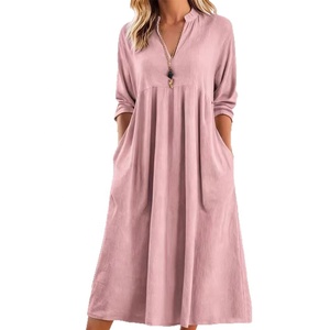 Abito <span class=keywords><strong>Lungo</strong></span> Muguyu Casual Elegante Retrò in Cotone-Lino <span class=keywords><strong>con</strong></span> <span class=keywords><strong>Maniche</strong></span> <span class=keywords><strong>a</strong></span> <span class=keywords><strong>Tre</strong></span> <span class=keywords><strong>Quarti</strong></span>, Scollo <span class=keywords><strong>a</strong></span> V, Patchwork, Pieghe e Tasche, Modello <span class=keywords><strong>A</strong></span>-Line - Product Image 1