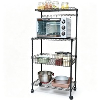 Chariot de rangement de cuisine à 4 niveaux en fil métallique avec panier et roulettes, support de micro-ondes en métal, personnalisable avec logo, fournisseur chinois