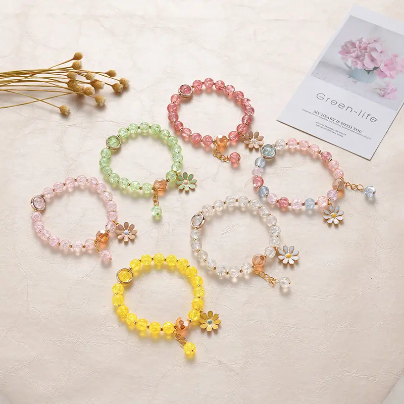 New Trendy Daisy Flower Bangles Preppy Bracelet Charm Jewelry Crystal Bulk Beads Bff Bracelets Beaded Bracelets for Girls Women