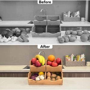 Wooden Double Layer Compartment Storage Rack Large Kitchen Countertop Basket For Fruit And Vegetable Organization - Product Image 4