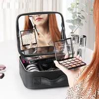 Sac de maquillage de voyage en pu rose multifonction, boîte de maquillage unie, sac de maquillage avec miroir plein écran