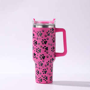 BORGE Copo de aço inoxidável com alça e canudo gravado a laser com estampa de pata de gato e leopardo 40 onças - Product Image 2