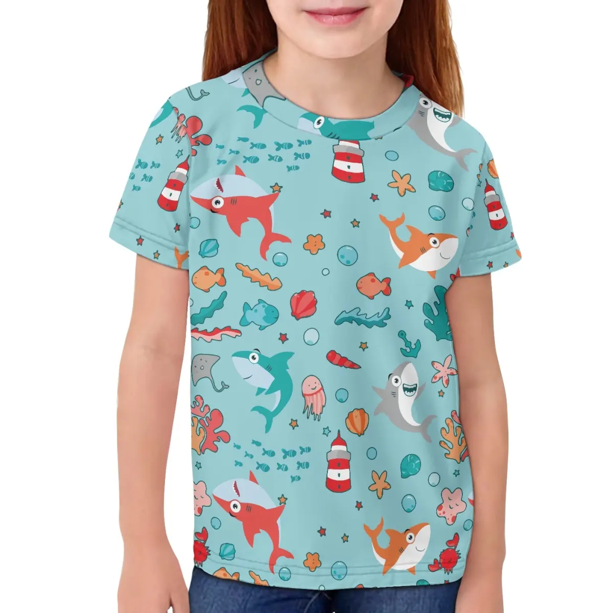 Cartoon Shark Print T Shirt Children Custom Logo/Name Summer 3D Printing Short Sleeves T-shirt For Girls Boys Clothing Drop Ship