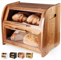 Boîte à pain en bois d'acacia à 2 niveaux, conteneur de rangement carré avec fenêtre transparente et couvercle ventilé pour comptoir de cuisine