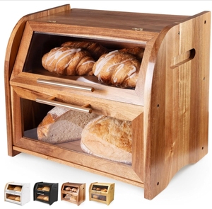 Contenitore per Pane <span class=keywords><strong>in</strong></span> <span class=keywords><strong>Legno</strong></span> di Acacia a 2 Livelli, Quadrato, con Finestra Trasparente e Coperchio Ventilato per Piano Cucina - Product Image 2