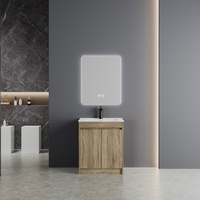 Meuble de salle de bain moderne en contreplaqué haute densité à texture fine et motif grainé clair, avec miroir intelligent et lavabo