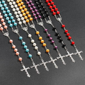 New Religion <strong>Christian</strong> Bracelets for Women Virgin Mary Jesus Cross Pendant Long Necklace 8mm Prayer <strong>Rosary</strong> Beads Glass Pearl - Product Image 1