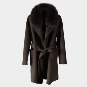 Nouvelle veste en laine double face pour femme, col en vraie fourrure de renard brun naturel, ceinture, poches, manteau <span class=keywords><strong>court</strong></span> en laine, vêtements d'extérieur - Product Image 1