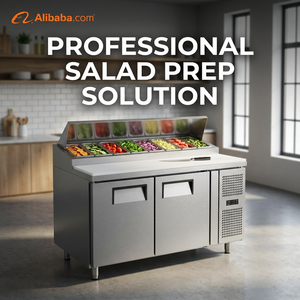Station de préparation professionnelle tout-en-un réfrigérée avec comptoir pour salades, sandwichs et pizzas, avec bacs GN amovibles et roulettes - Product Image 2