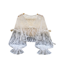 Chemisier cardigan léger en dentelle transparente à nouer sur le devant pour femme, manches lanternes, vêtement d'extérieur ouvert pour l'été