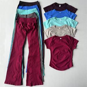 Women's Activewear 2 Piece Workout Seamless Short Sleeve Shirt High Waist Flared Leggings Tracksuit <b>Gym</b> Yoga Outfit <b>Set</b> - Product Image 3