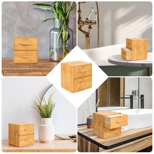 Bamboo Double <b>Drawer</b> <b>Storage</b> Box Large Desktop Organizer With Anti Slip Mats For Tissue And Jewelry - Product Image 2