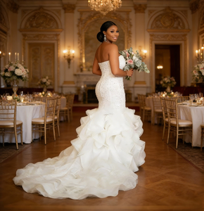 Abiti <span class=keywords><strong>da</strong></span> <span class=keywords><strong>sposa</strong></span> a sirena senza spalline <span class=keywords><strong>da</strong></span> donna con splendidi ricami in argento e strascico a balze, <span class=keywords><strong>taglie</strong></span> <span class=keywords><strong>forti</strong></span> - Product Image 3