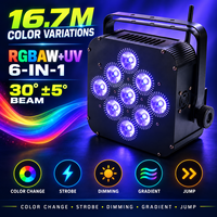 Projecteur LED sans fil sur batterie 9x18W 6-en-1 RGBWA UV pour location événementielle (mariages, hôtels, salles de bal, banquets)