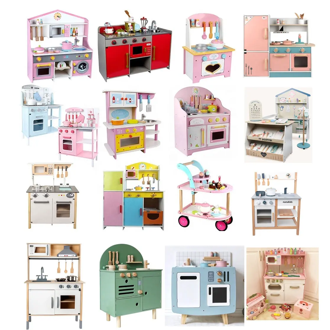 Set Mainan Dapur Kayu untuk Anak, Set Mainan Dapur Putih dan Merah Muda