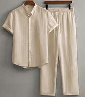 Ensemble chemise et short décontracté d'été pour homme, en polyester 100% respirant, tissé froissé, à manches courtes, deux pièces, coupe ample, sans coutures