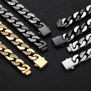 Ensemble collier et bracelet Hip Hop en acier inoxydable, chaîne cubaine entièrement sertie de zircons, pour hommes et femmes, couleurs or, noir, argent - Product Image 5