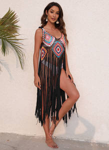 Fábrica Mujeres <span class=keywords><strong>Sexy</strong></span> <span class=keywords><strong>Granny</strong></span> Square Hecho a mano Crochet Tassel Dress Beach Swimsuit Cover Ups - Product Image 4