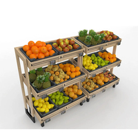 Zwaarbelastbaar dubbelzijdig metalen houten op maat gemaakt 3-laags supermarkt rek met wielen voor fruit en groenten