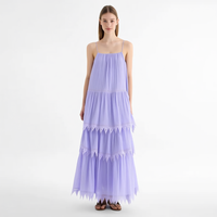 Robe longue plissée à bretelles fines en dentelle, style bohème fluide, coupe trapèze, pour femme, vente en gros sur mesure, couleur lavande