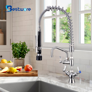 Grifo de cocina de cuello largo de acero inoxidable con marca de agua Diseño clásico de un solo mango Acabado cepillado Tipo de rociador lateral para uso comercial - Product Image 4