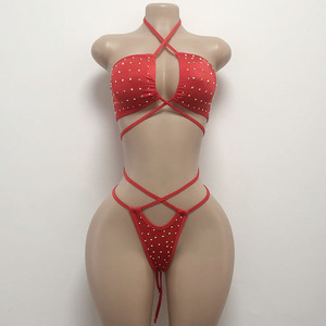 Conjunto de leotardo de dos piezas de spandex con top de tubo y pedrería para mujer, lencería sexy para baile de salón - Product Image 5