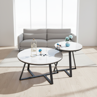 Ensemble de meubles de salon blancs modernes et durables, 2 tables basses hautes et basses, pieds en acier inoxydable ; table basse en dalle de pierre facile à nettoyer