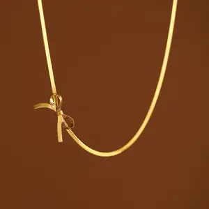 Wholesale Fine 18K Gold Plated Stainless Steel Snake Chain Choker Bowknot Pendant Necklace Jewelry for Women